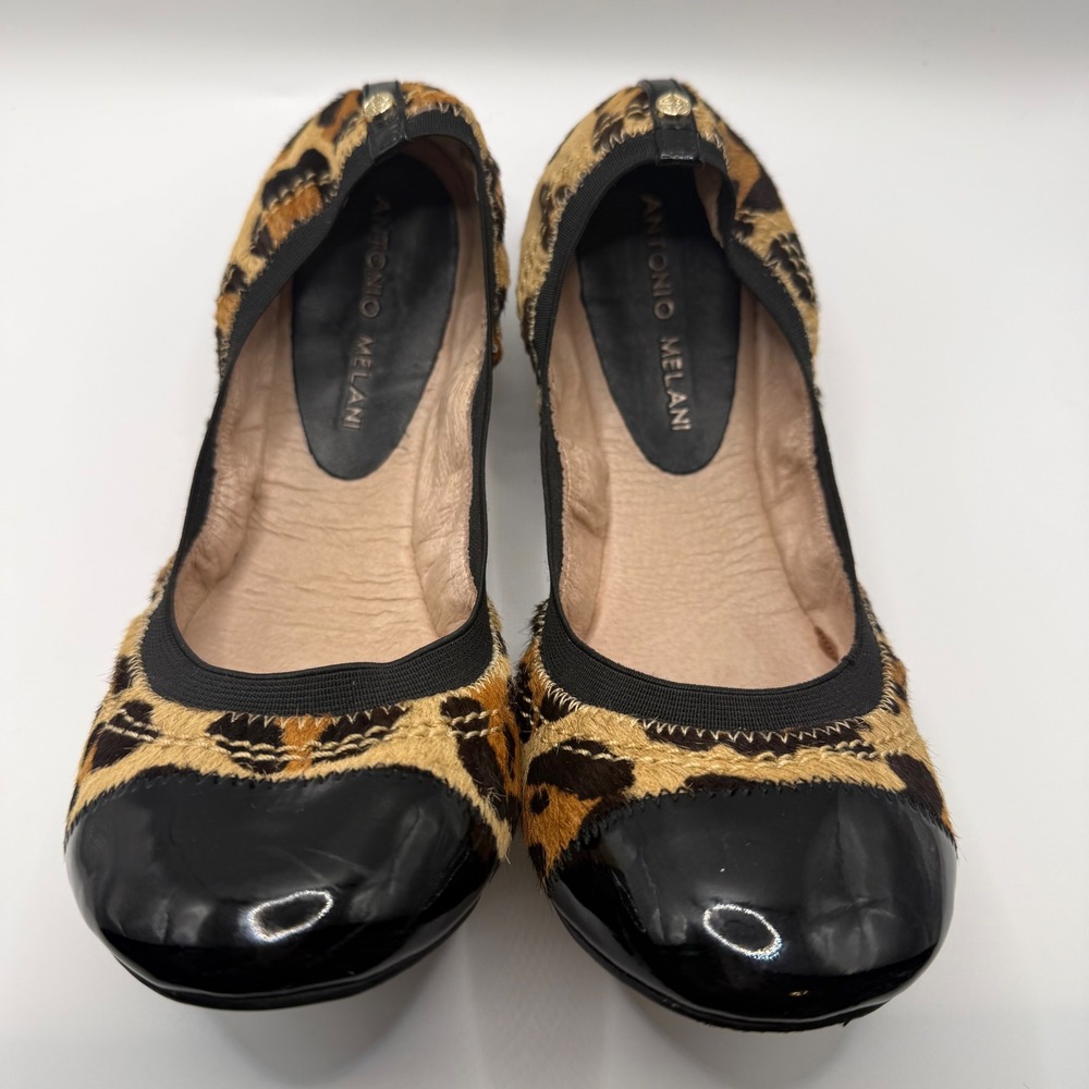 Antonio Melani Leopard Calf Hair Patent Cap Toe Ballet Flats Brown Black 8.5M